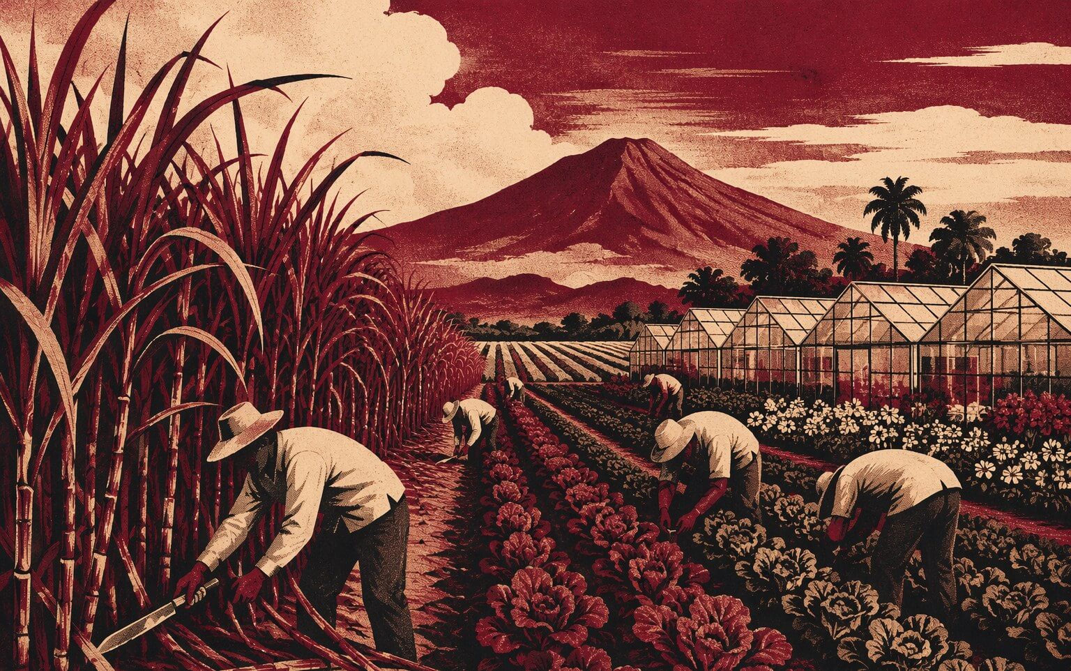 Ilustración editorial de un valle agrícola de Morelos con cultivos de caña e invernaderos