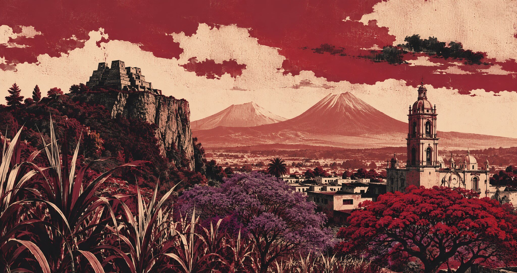 Ilustración editorial del paisaje de Morelos con el Tepozteco, la catedral de Cuernavaca y los volcanes