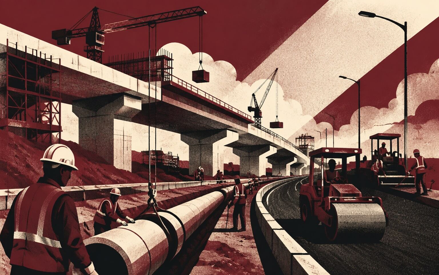 Ilustración editorial de obras de infraestructura vial e hidráulica con grúas