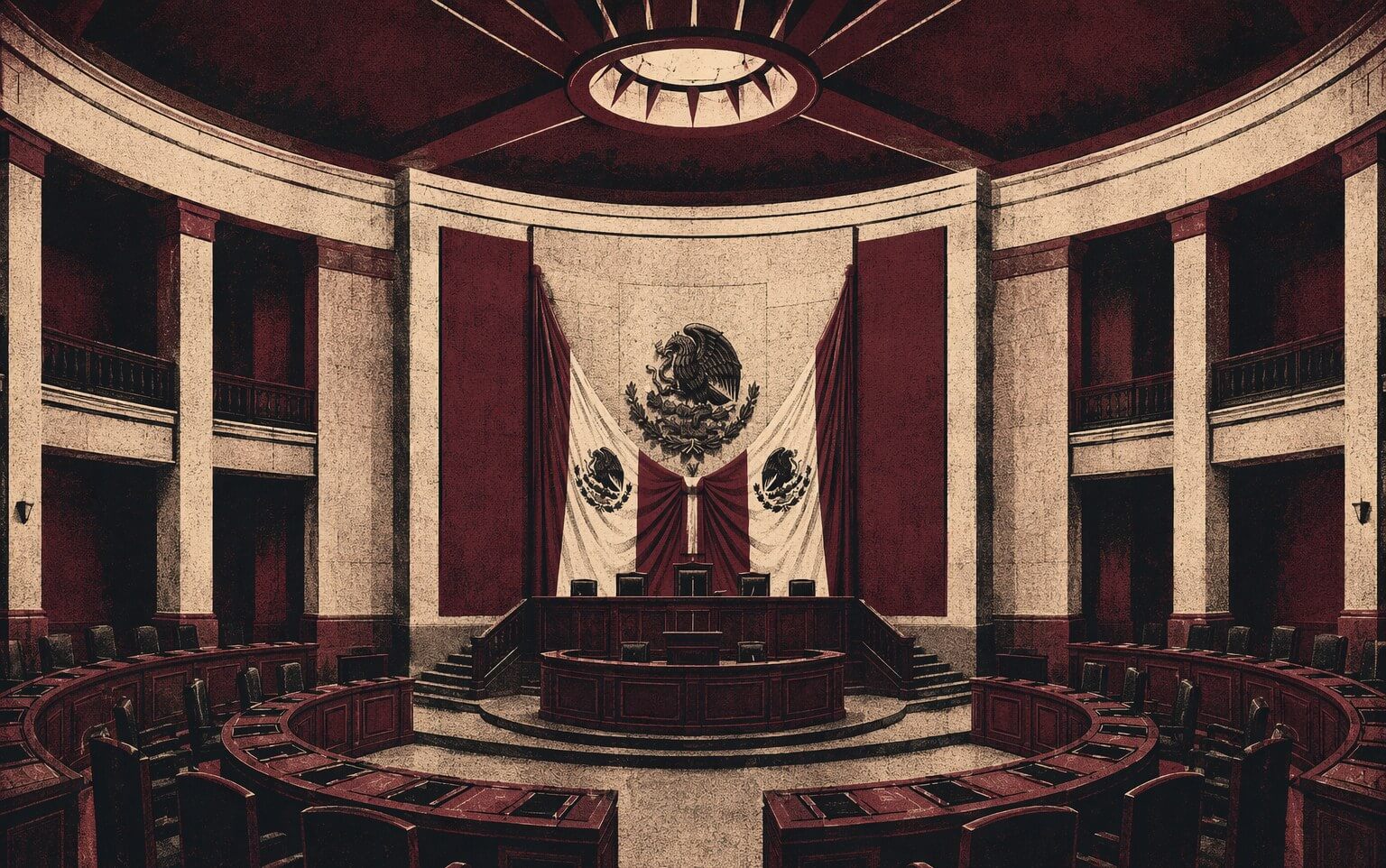 Ilustración editorial del interior de un congreso estatal mexicano