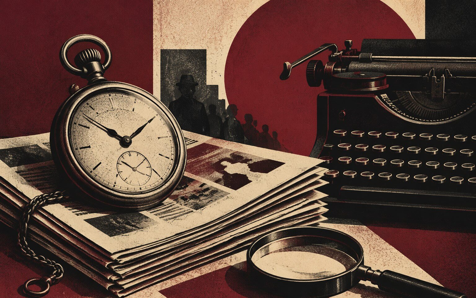 Ilustración editorial de un reloj de bolsillo sobre periódicos junto a una máquina de escribir